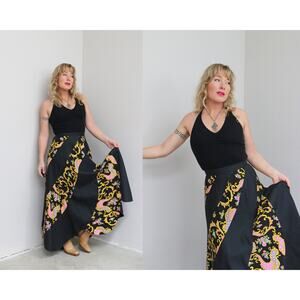 1970's Vintage Black Paneled Paisley Maxi Skirt ~ Women's XS SM 26" 27" Waist